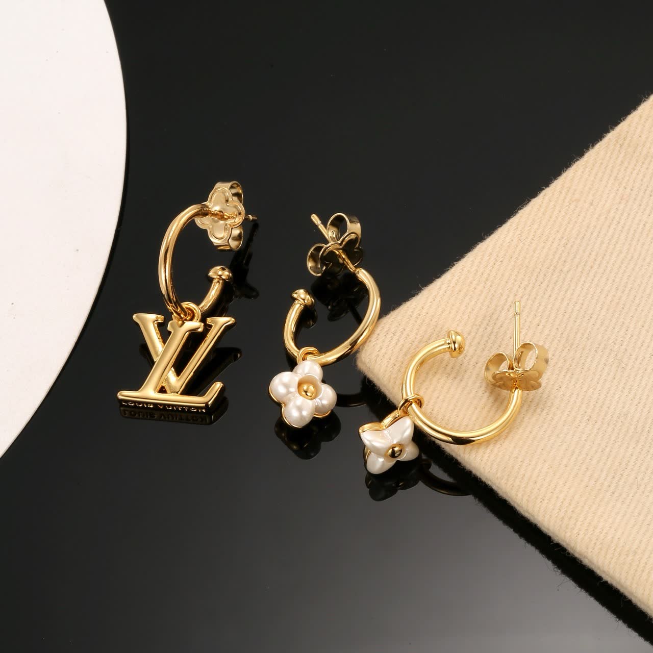 Louis Vuitton Gold Tone Logo & Pearl Flower Hoop Earrings Louis Vuitton Gold Tone Logo & Pearl Flower Hoop Earrings